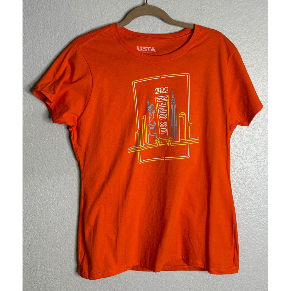 USTA Womens Large T Shirt Orange 2022 US Open Tennis NYC Skyline Graphic Tee